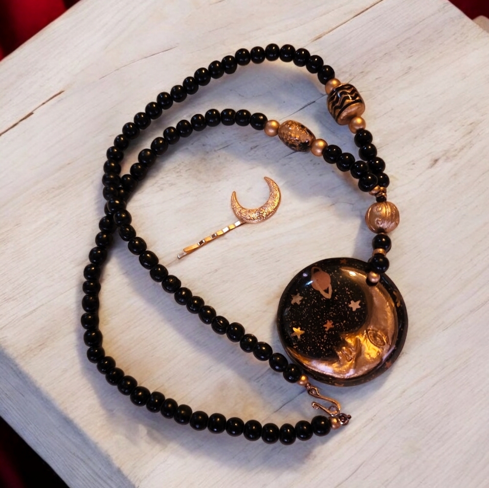 Moon Resin Pendant Necklace Celestial with moon hairpin